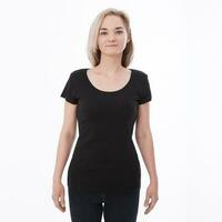 T-Shirt-Design Frau in leerer schwarzer T-Shirt-Front isoliert. saubere leere mock-up-vorlage für design. foto