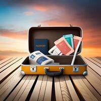 Reise Konzept mit öffnen Gepäck, Reisepass und Tickets ai generiert foto