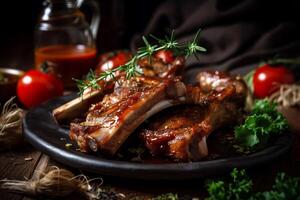 gegrillt Rindfleisch auf das hölzern Tafel ai generieren foto