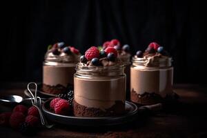 Schokolade Mousse Dessert mit Beeren im Krug ai generieren foto