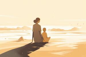 Mutter Tag Illustration mit ein minimalistisch Stil Das Vitrinen ein Mutter und Kind genießen ein friedlich Tag beim das Strand. weich, stumm geschaltet Töne. generativ ai foto