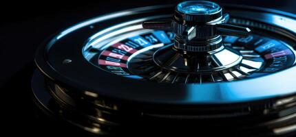 Roulette Rad mit Blau Hintergrund und Beleuchtung, Kasino Foto. generativ ai foto