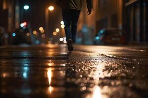 Foto von ein Athlet Joggen im Vorderseite von Bokeh Beleuchtung beim Nacht im das Stadt. generativ ai