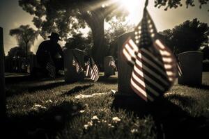 Denkmal Tag Foto mit amerikanisch Flaggen im das Friedhof. generativ ai