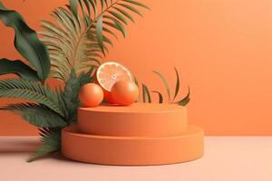3d machen von leeren Orange leeren Podium mit Sommer- Konzept zum Produkt Anzeige, leeren Raum Hintergrund. generativ ai foto