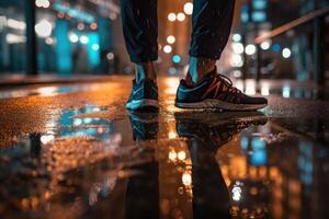 Foto von ein Athlet Joggen im Vorderseite von Bokeh Beleuchtung beim Nacht im das Stadt. generativ ai