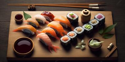das japanisch Sushi einstellen auf das Holz Teller mit ai generiert. foto