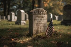 Denkmal Tag Foto mit amerikanisch Flaggen im das Friedhof. generativ ai