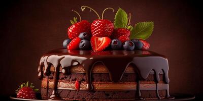 das Schokolade Kuchen und Erdbeere Belag mit ai generiert. foto