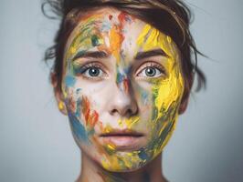 ein Frau Farben ihr Gesicht erstellt mit ai generiert foto