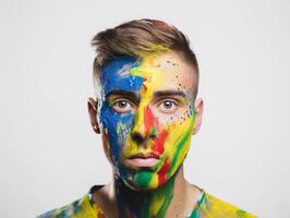 ein Mann Farben seine Gesicht erstellt mit ai generiert foto