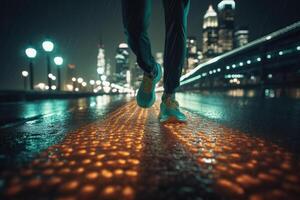 Foto von ein Athlet Joggen im Vorderseite von Bokeh Beleuchtung beim Nacht im das Stadt. generativ ai