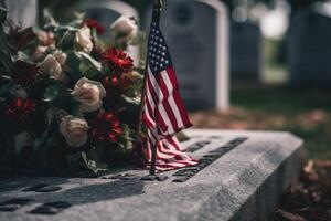 Denkmal Tag Foto mit amerikanisch Flaggen im das Friedhof. generativ ai