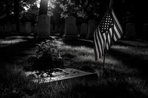 Denkmal Tag Foto mit amerikanisch Flaggen im das Friedhof. generativ ai