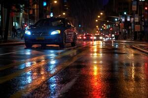 Foto von Nacht Stadt Beleuchtung und der Verkehr Beschleunigen durch Autos. Bokeh bewirken Hintergrund. generativ ai