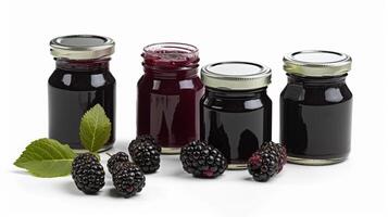 Brombeere Marmelade und reif Brombeeren Obst Gläser auf Weiß Hintergrund mit generativ ai foto