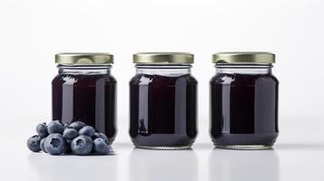 Blaubeere Marmelade und rundlich Blaubeeren Obst Gläser auf Weiß Hintergrund mit generativ ai foto