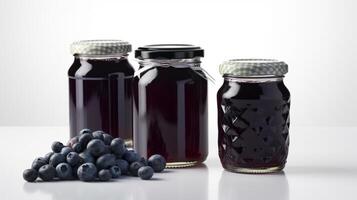 Blaubeere Marmelade und rundlich Blaubeeren Obst Gläser auf Weiß Hintergrund mit generativ ai foto