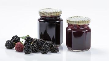 Brombeere Marmelade und reif Brombeeren Obst Gläser auf Weiß Hintergrund mit generativ ai foto