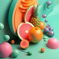 verschiedene Früchte mit geometrisch Objekte im Sommer- Konzept im Trend Farbe Palette zum Werbung mit generativ ai foto
