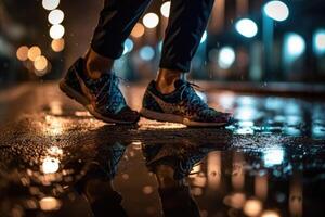 Foto von ein Athlet Joggen im Vorderseite von Bokeh Beleuchtung beim Nacht im das Stadt. generativ ai