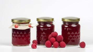 Himbeere Marmelade und saftig Himbeeren Obst Gläser auf Weiß Hintergrund mit generativ ai foto