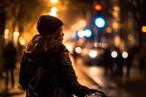 Foto von ein Person Reiten ein Fahrrad im das Stadt Menge unter das Beleuchtung beim Nacht im das Stadt, und unter das Menschenmassen von Personen. generativ ai.