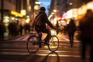 Foto von ein Person Reiten ein Fahrrad im das Stadt Menge unter das Beleuchtung beim Nacht im das Stadt, und unter das Menschenmassen von Personen. generativ ai.