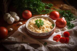 ein Schüssel Risotto auf das Tabelle ai generieren foto