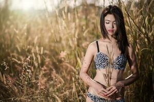 sexy asiatisch Mädchen im Bikini im das Wiese und Gras Wedel foto