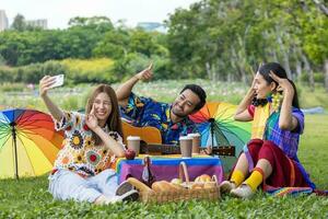 Gruppe von jung Vielfalt lgbtq Freund haben ein Picknick im das Garten während genießen Singen Musik- im das draussen Öffentlichkeit Park während Sommer- mit froh und Glück Konzept foto