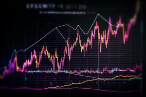 ein Lager Diagramm mit ein Linie Graph auf Es, Lager Markt oder Forex Handel grap mit generativ ai foto