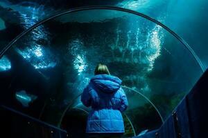 ein Mädchen Uhren ein Hai Schwimmen im ein Aquarium. Menschen Uhr das Fisch im das Aquarium. foto