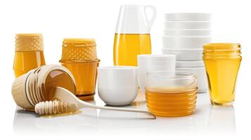 Honig Gläser, Tassen und Schöpflöffel einstellen isoliert auf Weiß Hintergrund. Paket Design Elemente mit Ausschnitt Weg, generativ ai foto