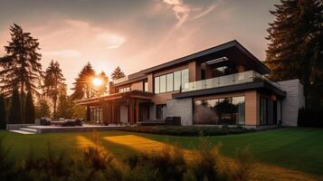 ai generativ Außen von modern Luxus Haus mit Garten und schön Himmel foto