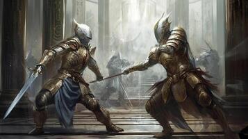 ai generativ zwei mittelalterlich Ritter Kampf mit Schwerter im Vorderseite von das gotisch Kathedrale foto