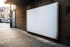 ai generativ ein leer Weiß Plakatwand Attrappe, Lehrmodell, Simulation auf ein Bürgersteig im ein Stadt foto