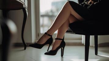 Frau im schwarz Absätze und sexy Beine Sitzung beim heim, generativ ai foto