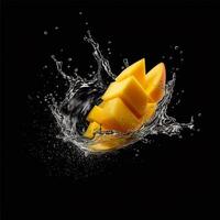 ai generativ Mango Obst im Wasser Spritzen, isoliert auf schwarz Hintergrund. kreativ Essen Konzept. foto