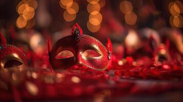 Karneval Party - - venezianisch Masken auf rot funkeln mit glänzend Luftschlangen auf abstrakt defokussiert Bokeh Beleuchtung mit Kopieren Raum zum Text, generativ ai foto