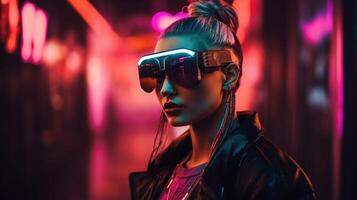 Cyberpunk Frau mit vr und Porträt futuristisch Neon- Stil, generativ ai foto