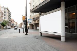 ai generativ ein leer Weiß Plakatwand Attrappe, Lehrmodell, Simulation auf ein Bürgersteig im ein Stadt foto