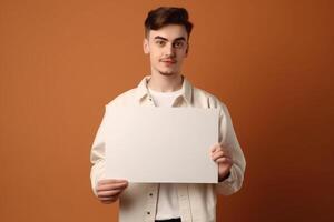ai generativ ein Mann hält ein leer Weiß Zeichen Tafel Attrappe, Lehrmodell, Simulation im seine Hand foto