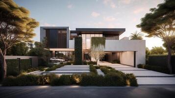 ai generativ Außen von modern Luxus Haus mit Garten und schön Himmel foto