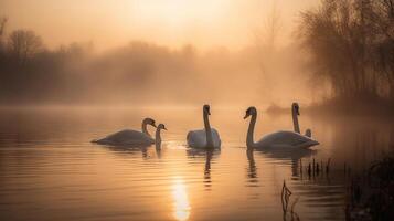 Schwäne Über See beim Sonnenaufgang - - Ruhe und Romantik, generativ ai foto