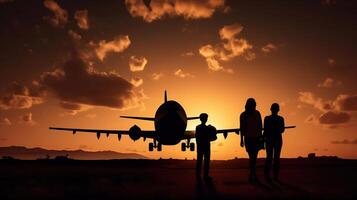 Silhouette von jung Familie und Flugzeug, generativ ai foto