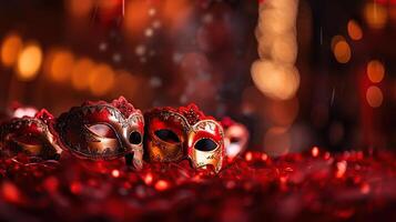 venezianisch Masken auf rot funkeln mit glänzend Luftschlangen auf abstrakt defokussiert Bokeh Beleuchtung - - Karneval Party. generativ ai foto