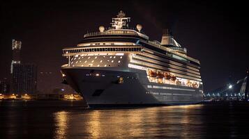 groß Schiff - - groß modern Kreuzfahrt Liner im das Nacht, generativ ai foto