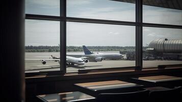 Flugzeug, Aussicht von Flughafen Terminal Salon, generativ ai foto