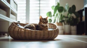 Innere von Licht Leben Zimmer mit süß Katze Lügen im Haustier Bett, generativ ai foto